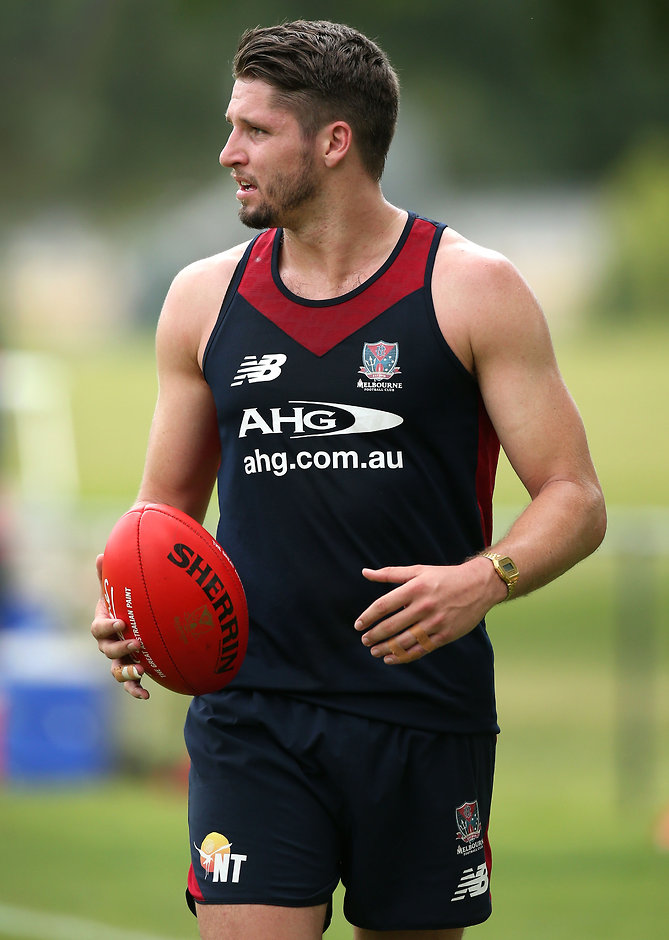 AFL 2015 Training - Melbourne 201115 MELBOURNE, AUSTRALIA - NOVEMBER 20: Jesse Hogan of the Demons looks on during the Melbourne Demons training session at Gosch's Paddock, Melbourne on November 20, 2015. (Photo: Adam Trafford/AFL Media)